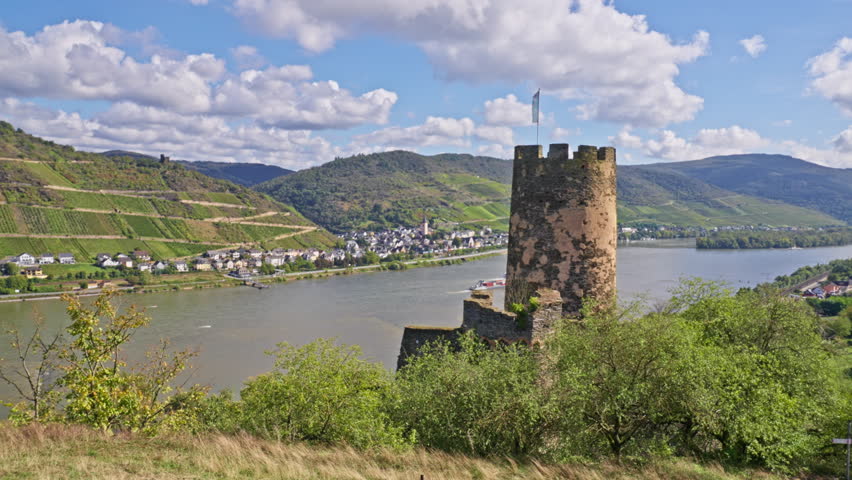 Movement towards the Fürstenberg Castle ruins and the picturesque Rhine river valley below, Oberdiebach, Germany