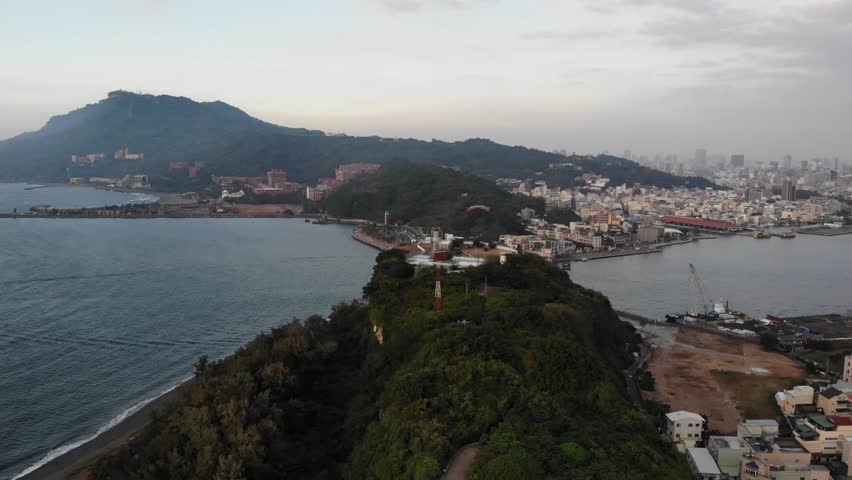 scenic aerial view of Taiwan , drone fly above Republic of China country in East Asia revealing port and cityscape