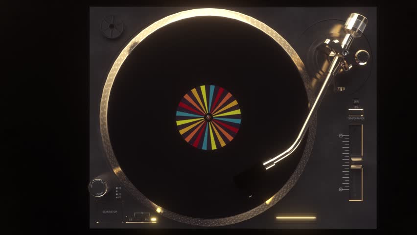 Golden Vinyl Record Player. Seamless Looped Animation of a Vinyl Disc Rotation on a Golden Turntable