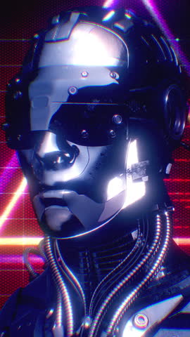 An futuristic artificial intelligent robotic humanoid in a cyberpunk style with screen glitches and overlay effects.