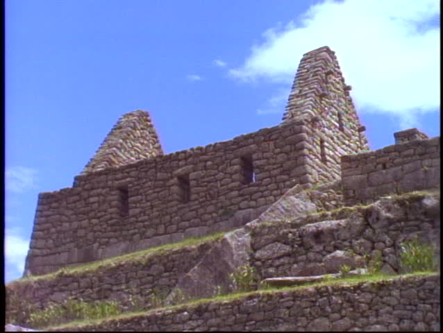 PERU, 1998, Machu Picchu, Peru, The Andes, detail of stone house, zoom out medium shot of ruins