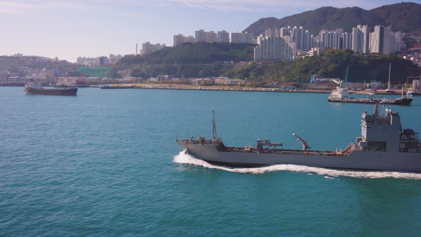 Busan City Harbor, Boats Passing on Clear Sunny Day in South Korea
