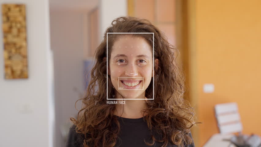 Machine learning and artificial intelligence reading and scanning person face to recognize human using ai technology and data algorithm. Identification with facial features of young woman