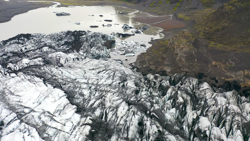 Aerial view of lagoon and glacier Solheimajokull in southeast Iceland.
