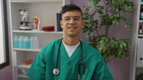 Smiling young hispanic male doctor in a clinic room wearing green scrubs with a stethoscope, surrounded by medical equipment and indoor plants, exuding professionalism. - Powered by Shutterstock - Get 15% off with code: PIKWIZARD15