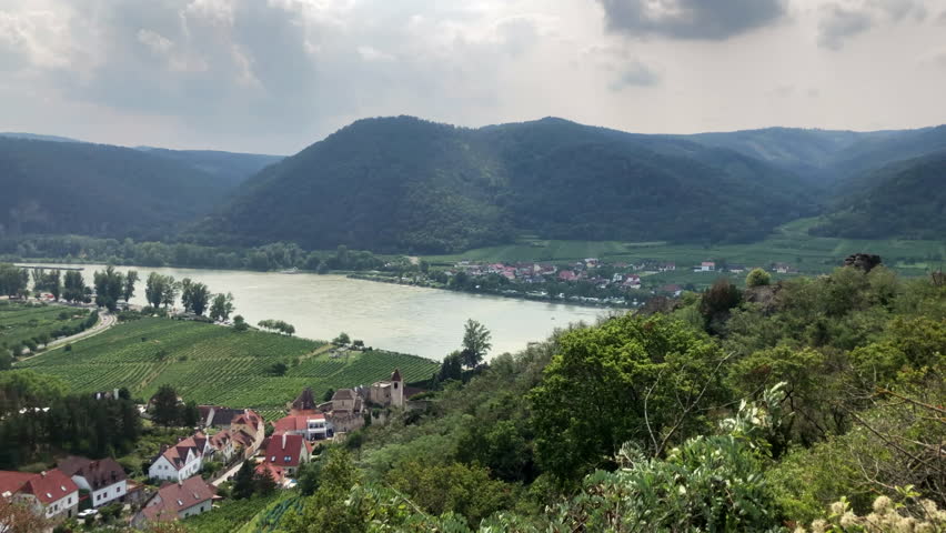Aerial panorama view of the Danube river, vineyards and houses in European valley. Drone view of Durnstein, Wachau valley, Austria.