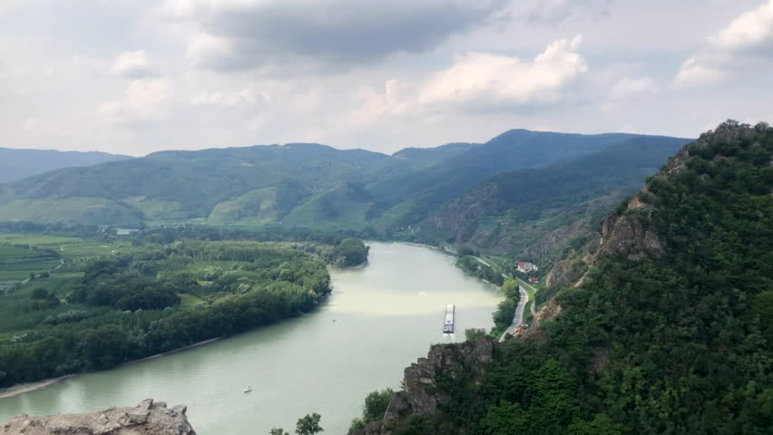 Aerial view of the Danube river and countryside from Durnstein castle. Durnstein. Wachau valley, Austria.