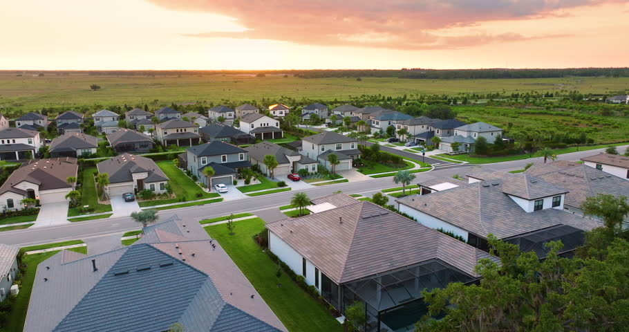 Residential neighborhood in Florida with suburban houses. Development of US premium housing