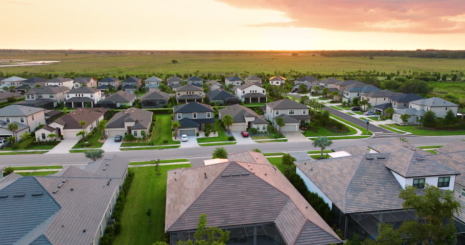 Residential neighborhood in Florida with suburban houses. Development of US premium housing