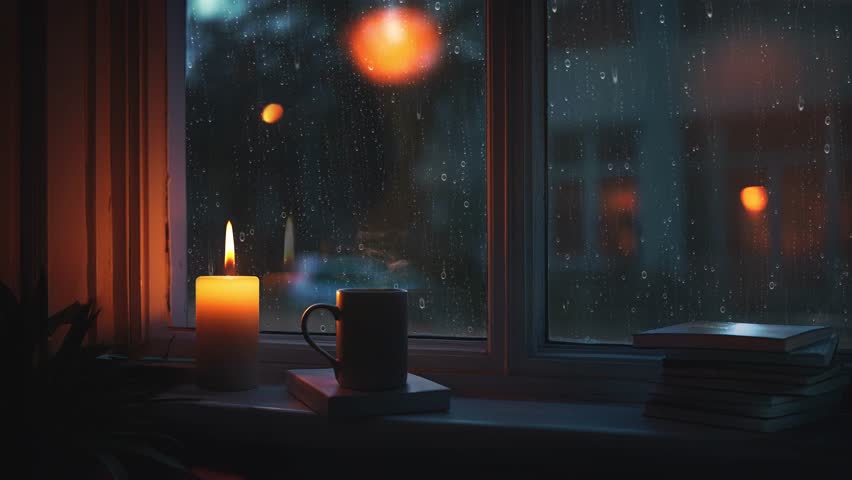 Rain and raindrops flowing on a glass window and relaxing rain sound ASMR, night rainy scenery with candles, books and coffee on the desk
