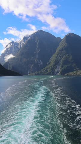 Panoramic view of scenic landscape of Milford Sound fjords in New Zealand.