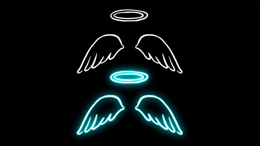 Neon line art of Angel wings from heaven and crown ring on top separated seamless loop each part, animation sticker on a transparent background, alpha