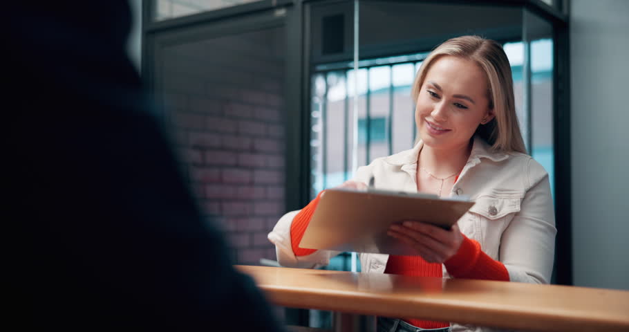 Woman, contract and keys at car dealership for rental, lease or auto insurance document. Agreement, person or client at showroom for purchase at reception, smile or giving salesman clipboard for deal