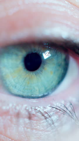 Eye, person and scan closeup for security, biometric and identity verification at border control for immigration. Macro, eyeball and futuristic vision with retina, zoom and thinking of reflection