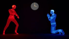 A clock on the wall as a symbol of choice. Animation with a woman pointing to the time and a man expressing repentance on his knees. - Powered by Shutterstock - Get 15% off with code: PIKWIZARD15