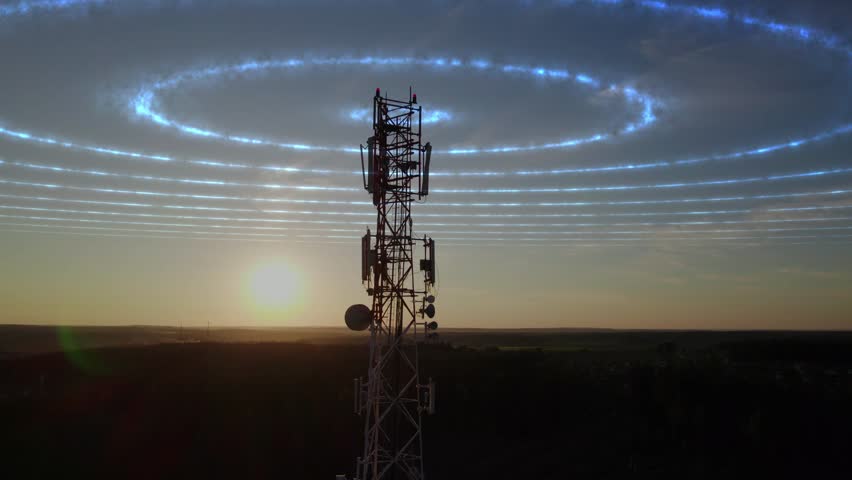 Animated rendering of radio waves transmitted by a cell phone tower. 5g technology. Aerial view of mobile communication antenna and signal spreading in all directions. High quality 4k footage