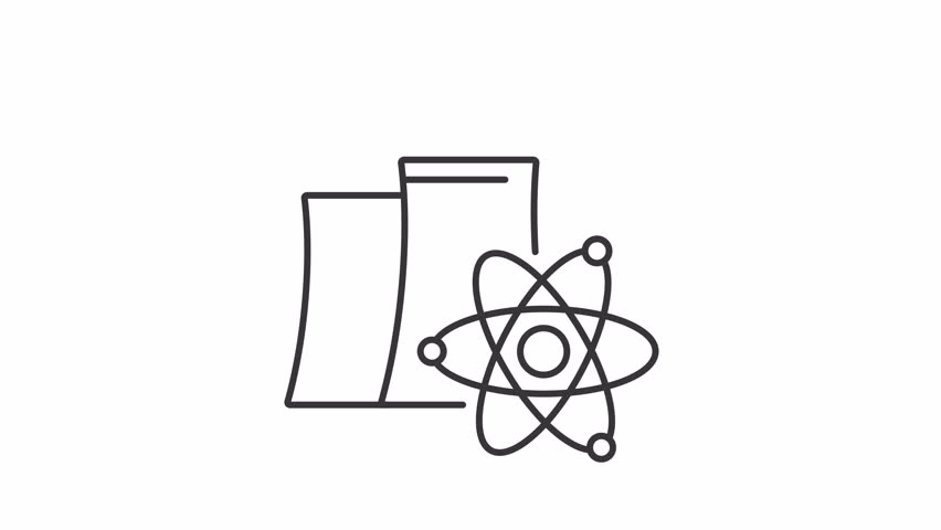 Nuclear industry line animation. Electrical power generation station animated icon. Plant reactors with atom model. Black illustration on white background. HD video with alpha channel. Motion graphic