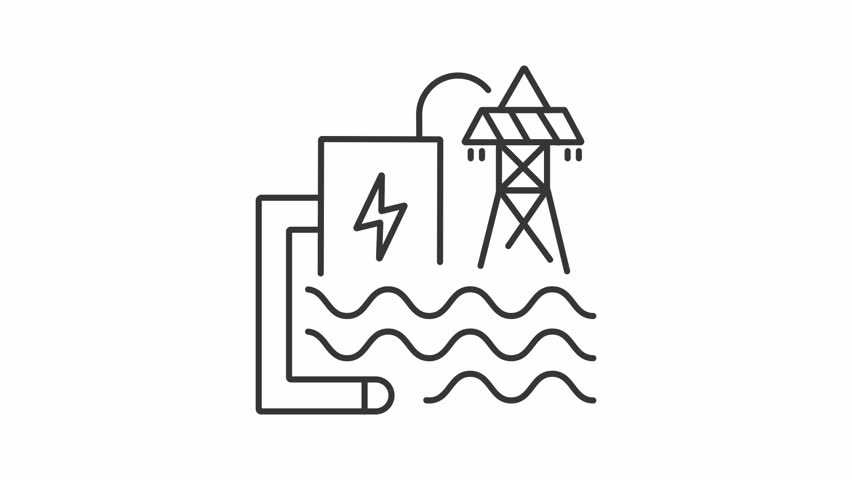 Wave energy line animation. Electricity generation plant animated icon. Transport and capture of ocean water power. Black illustration on white background. HD video with alpha channel. Motion graphic