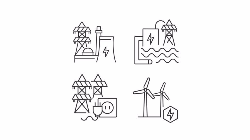 Sustainable power generation animation set. Energy production plants animated line icons. Environmental friendly. Black illustrations on white background. HD video with alpha channel. Motion graphic