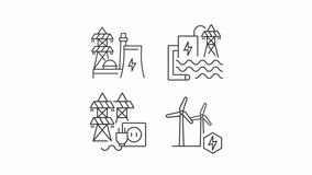 Sustainable power generation animation set. Energy production plants animated line icons. Environmental friendly. Black illustrations on white background. HD video with alpha channel. Motion graphic - Powered by Shutterstock - Get 15% off with code: PIKWIZARD15