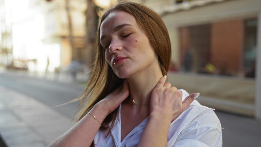 Woman relaxing on urban street with eyes closed and hands on neck wearing white shirt during sunny day in city.