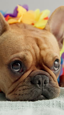 Closeup, bull dog and face with break, relax and affection on gray studio background. Portrait, animal rescue and puppy with best friend, adoption and peaceful with foster, curious or sweet with care