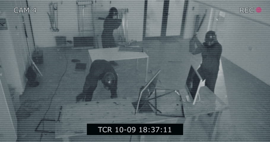 Footage, rage room and people with bat for breaking computer, vandalism and destruction. Camera, time stamp and frustrated men and women with safety glasses for smash, demolition and property damage