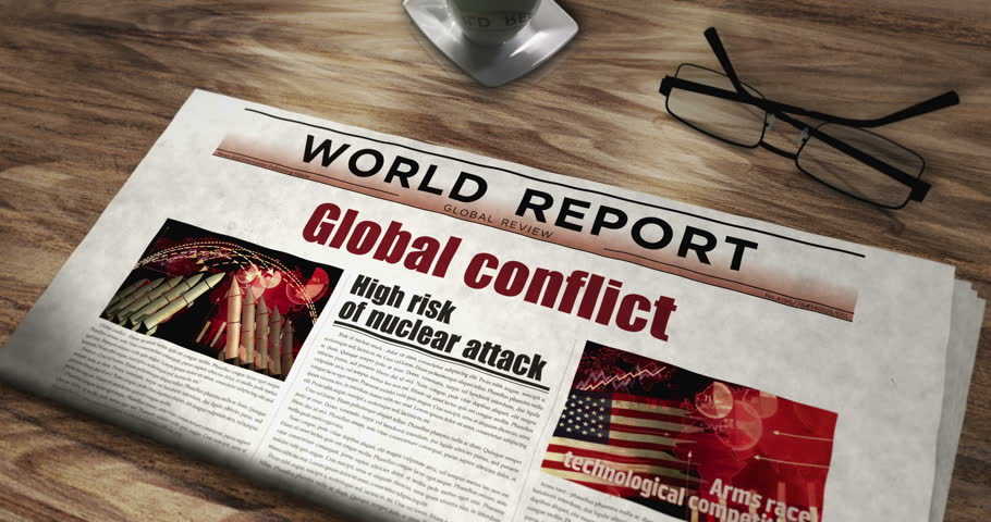 Global conflict world war iii daily newspaper on table. Headlines news abstract concept 3d.