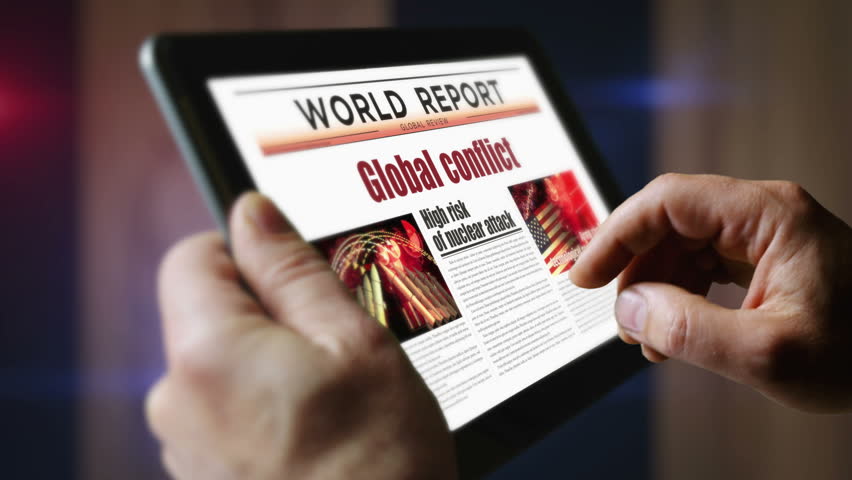 Global conflict world war iii daily newspaper reading on mobile tablet computer screen. Man touch screen with headlines news abstract concept 3d.