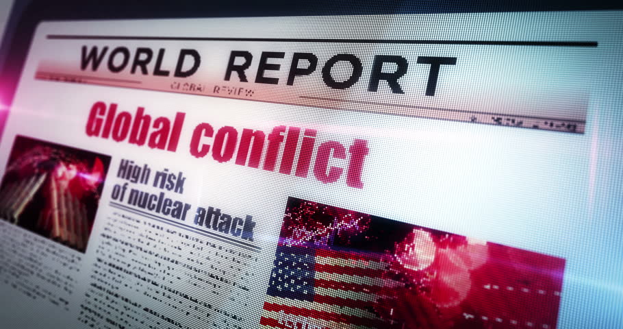 Global conflict world war iii daily newspaper reading on mobile tablet computer screen. Touch screen with headlines news abstract concept 3d.