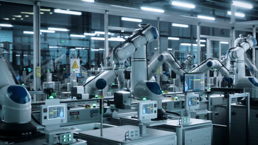 Timelapse Footage with Robotic Arms Producing Electronic Circuit Boards for AI Training Clusters in Data Centers. Robotics Facility Producing Complex Electronic Components