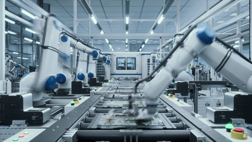 Timelapse Footage of Microelectronics Manufacturing: Robotic Arms Assembling Circuit Boards on a Modern Production Line. Automated Robotic Arms Performing Mechanical Tasks with PCB Components