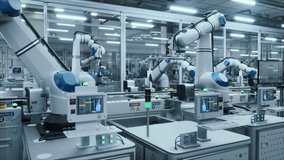 Robotic Arms Automate Circuit Board Assembly Inside a Smart Factory. Factory Floor with Automatic Conveyor is Powered by an Artificial Intelligence Software Without Human Help and Assistance - Powered by Shutterstock - Get 15% off with code: PIKWIZARD15