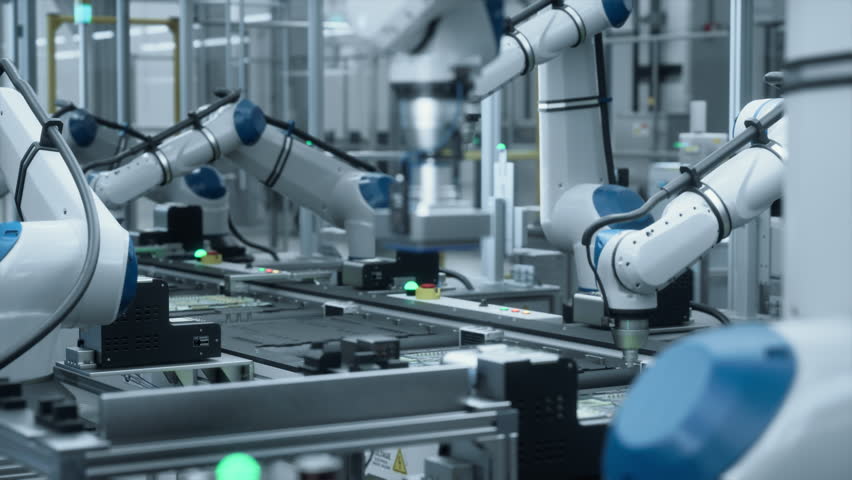 Robotic Arms Efficiently Assemble Electronic Components on a Factory Conveyor, Working with Advanced Automation in Electronics Manufacturing. Technological Microelectronics Fabrication Industry