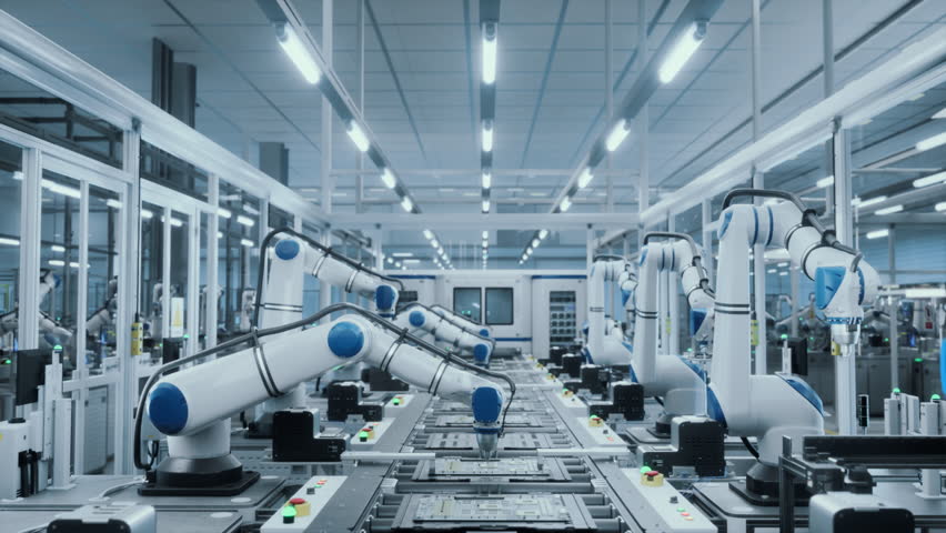 Advanced Microelectronics Manufacturing: AI Robotic Arms Assembling Circuit Boards on a Modern Production Line. Factory Floor is Automated. Robots Performing Mechanical Tasks with PCB Components