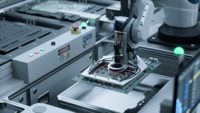 Industrial Robots Producing Circuit Boards on a Conveyor Belt, Implementing Microchips and Semiconductors. Automation Without Technicians and Engineers in a Futuristic Manufacturing Facility - Powered by Shutterstock - Get 15% off with code: PIKWIZARD15