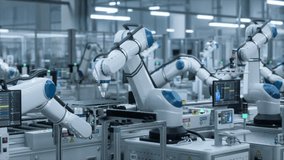 Robotic Arms Automate Circuit Board Assembly Inside a Smart IoT Factory. Factory Floor with Automatic Conveyor is Powered by an Artificial Intelligence Software Without Human Help and Assistance - Powered by Shutterstock - Get 15% off with code: PIKWIZARD15