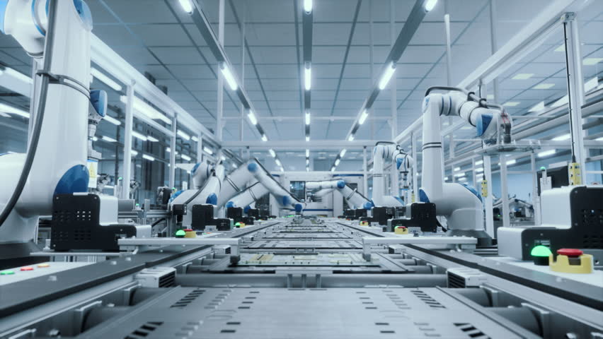 Industrial Robots Producing Circuit Boards, Implementing Microchips and Semiconductors. Camera Timelapse POV on a Conveyor Line. Production Without Human Surveillance in a Manufacturing Facility