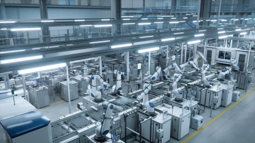 Timelapse Footage of a Robotic Arms Assembling Electronic Components on a Factory Conveyor, Working with Automation in Electronics Manufacturing. Technological Microelectronics Fabrication Industry