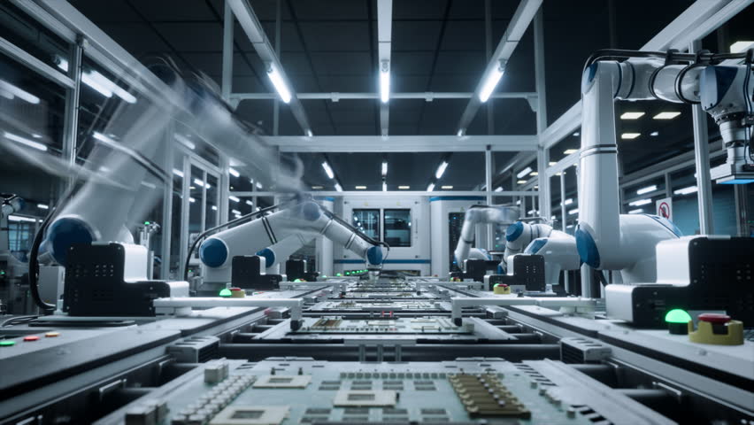 Camera Timelapse POV on a Conveyor Line with Robotic Arms Assembling Circuit Boards. Microelectronics Manufacturing in a Modern Facility. Technology Production in an Industrial Environment