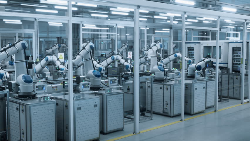 Autonomous Electronics Industry 4.0 Factory with Precision Robotic Arms at Work. Facility Operating with Advanced Manufacturing Technology, Efficient Conveyor Robots Producing Circuit Boards