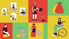 We culture mindset bento grid animation. Inclusive people diverse volunteers. Sustainability eco-friendly collage motion 4K video web design. Animated cartoon characters collection mood board - Powered by Shutterstock - Get 15% off with code: PIKWIZARD15