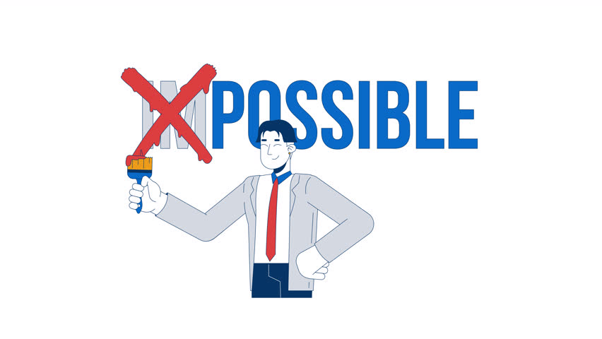 Transforming impossible to possible 2D animation. Workplace motivation. Overcoming career challenges 4K video motion graphic. Employee animated character cartoon flat concept, white background