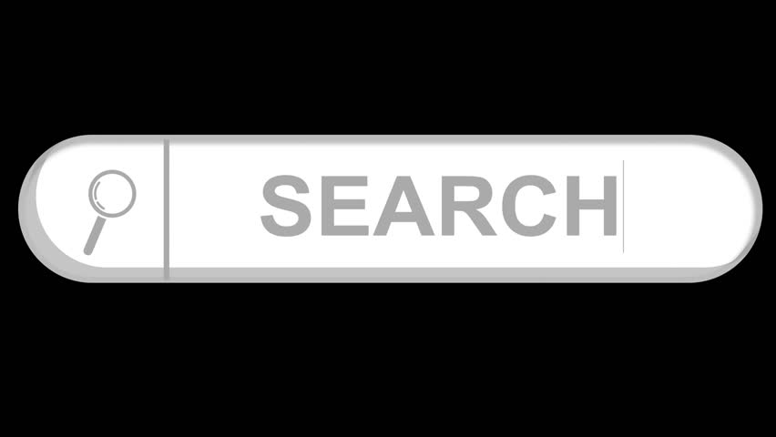 Animated video shows a gray magnifying glass icon bouncing from offscreen and landing in a search bar. The word "SEARCH" is then typed into the search bar by an animated cursor, all in a gray colour