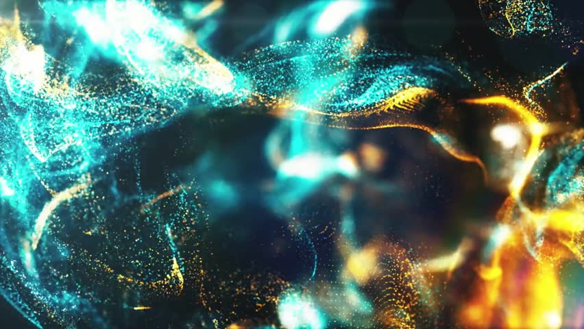 Abstract swirling nebula of turquoise and gold particles in deep space.