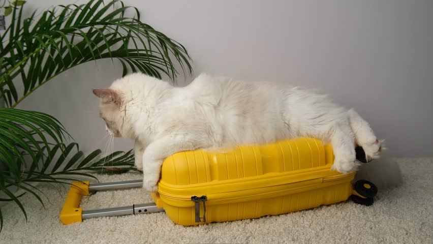 White ragdoll cat lyes on yellow travel suitcase.