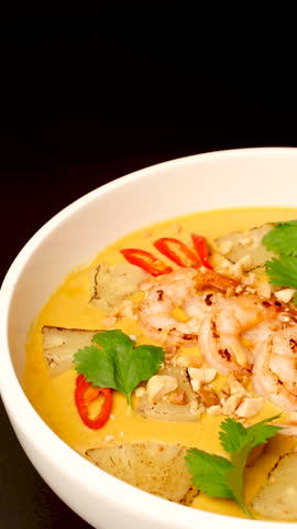 Tom Yam soup with shrimp, rice, seafood, milk. Close-up of Asian traditional cuisine in a restaurant. Vertical video, close-up.
