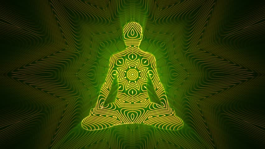 Looped meditation background with silhouette in lotus pose and shiny psychedelic mandala ornaments. Abstract animation with glowing energy flow patterns for yoga and spiritual practices. Loop 4K 60fps