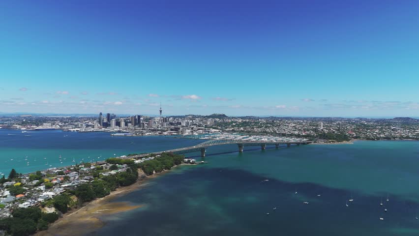 Aerial panoramic view of the skyline of Auckland from Waitemala Habour.