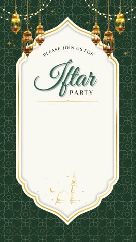 Elegant Iftar Invitation Design with Green and Gold Theme, Featuring Crescent Moons, Stars, and Lanterns, Perfect for Ramadan Celebrations.